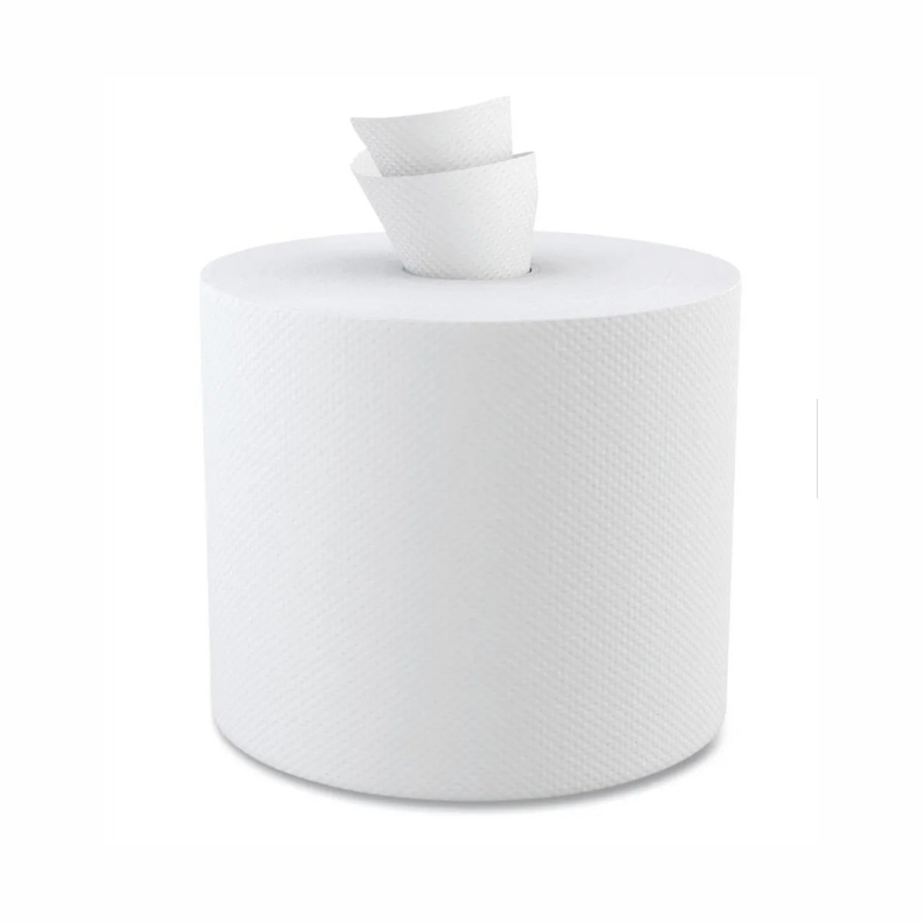 White paper towel roll with a few sheets slightly unrolled at the top, showcasing its texture and functionality for cleaning or drying.