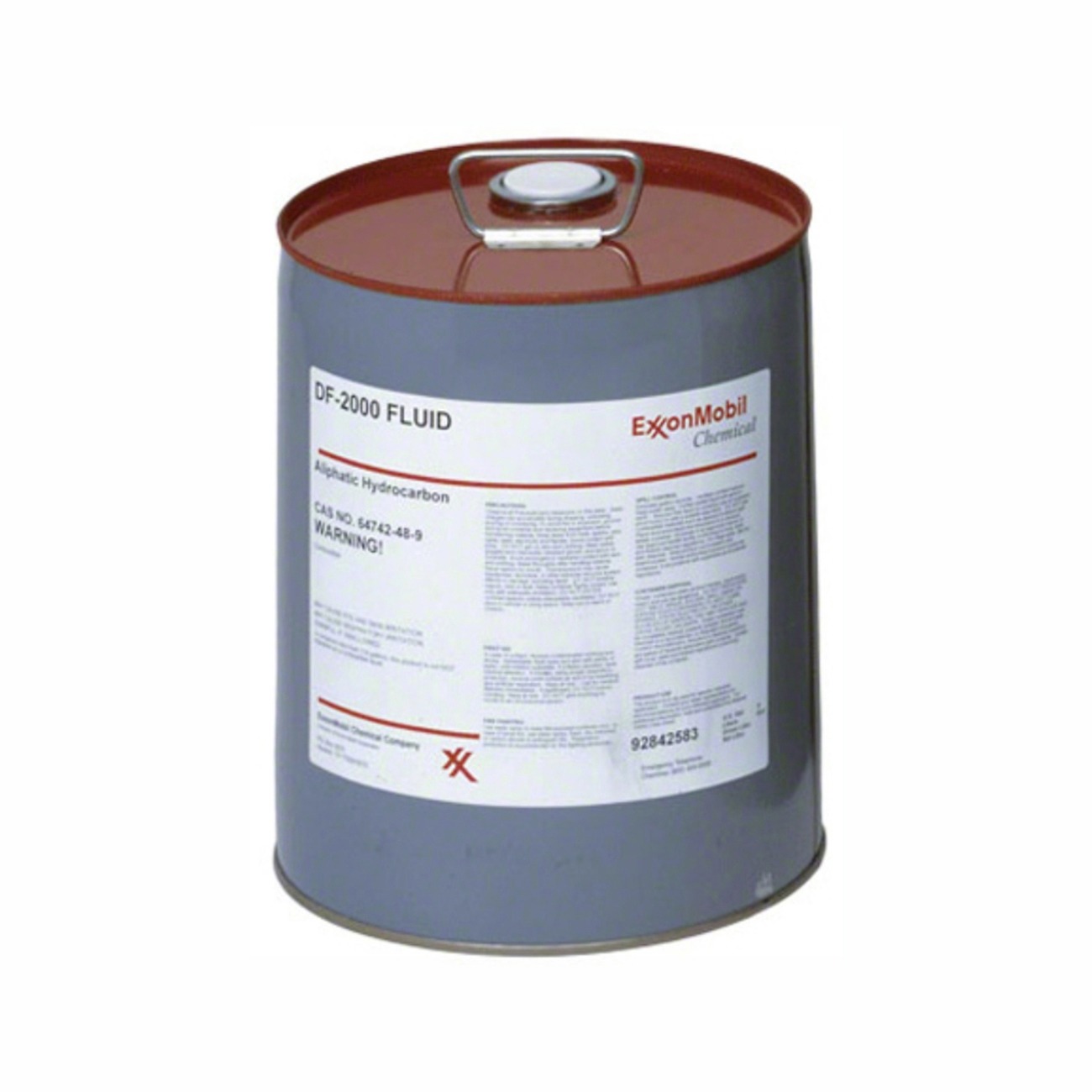 Gray container labeled "DF-2000 FLUID" from ExxonMobil Chemical, outlining usage details and safety warnings for aliphatic hydrocarbons.