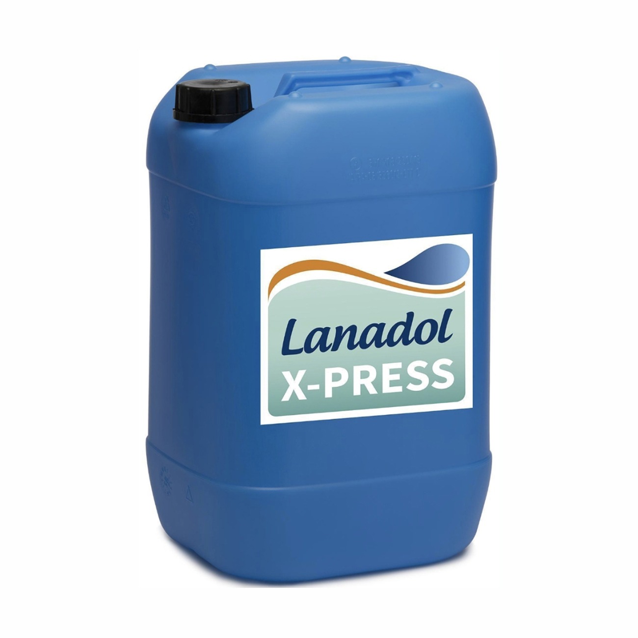 Blue container labeled "Lanadol X-Press," designed for a specific product use, showcasing branding prominently on the front.