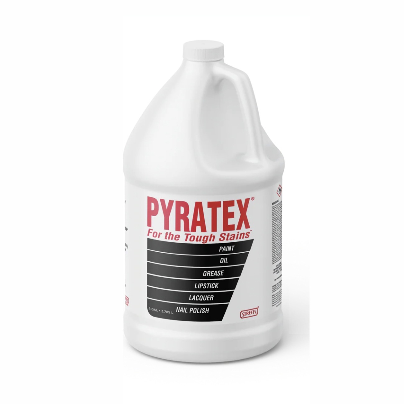 PYRATEX stain remover bottle labeled "For the Tough Stains," highlighting effectiveness against paint, oil, grease, lacquer, and nail polish.