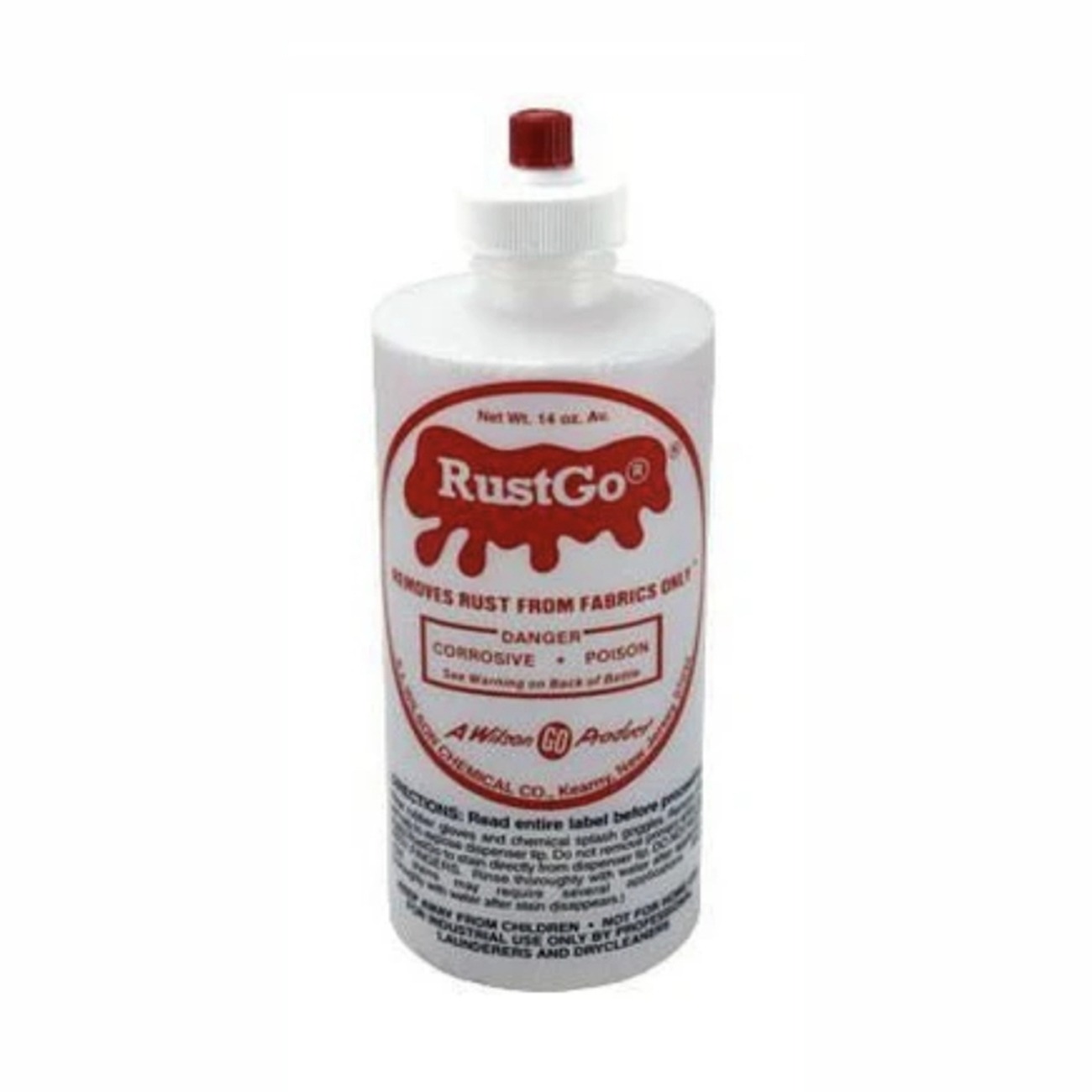 RustGo bottle designed for rust removal from fabrics. Clearly labeled with warnings about its corrosive nature and poison hazard.