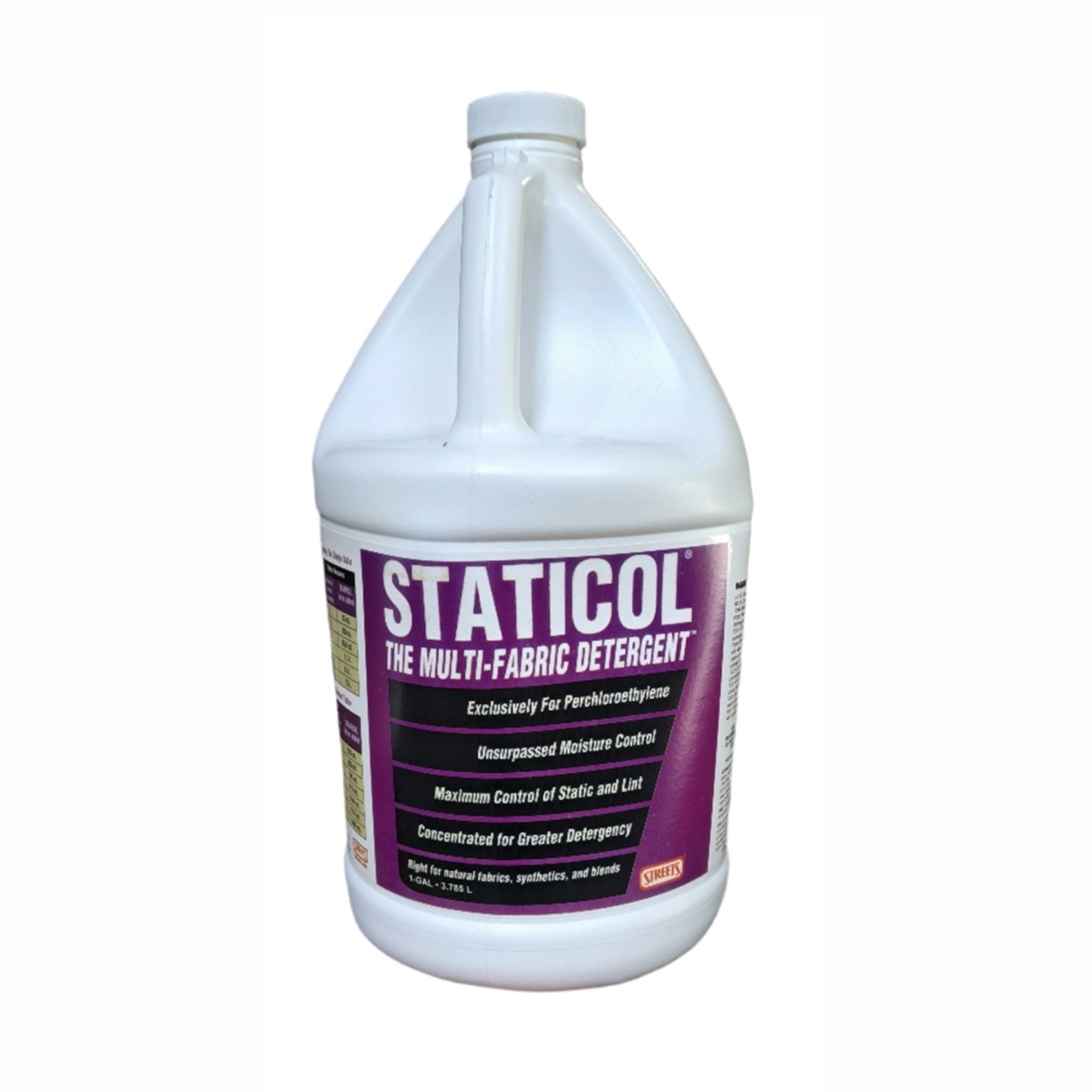 Large container of Staticol multi-fabric detergent, designed for use with perchloroethylene. Emphasizes static and lint control.