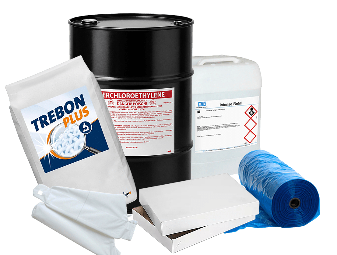 Assorted cleaning supplies including a black drum labeled "Perchloroethylene," a bag of "Trebon Plus," and various containers, highlighting hazardous materials.