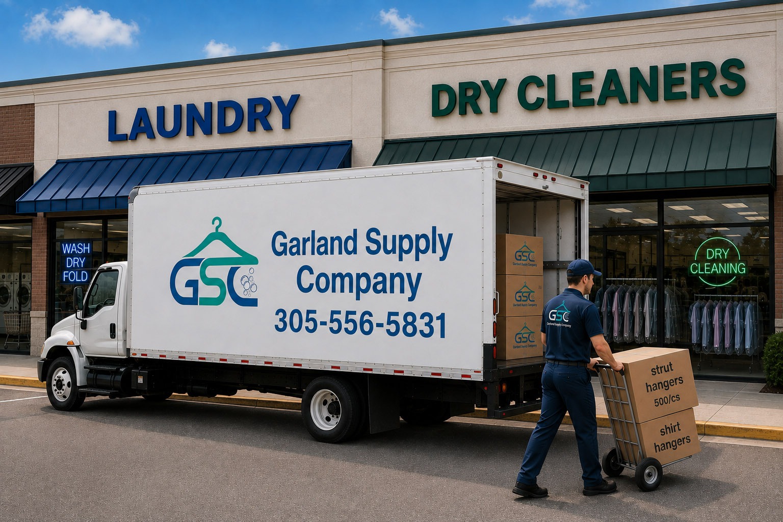 Garland Supply Company truck delivering supplies outside a laundry and dry cleaning store, featuring boxes labeled for strut and shirt hangers.
